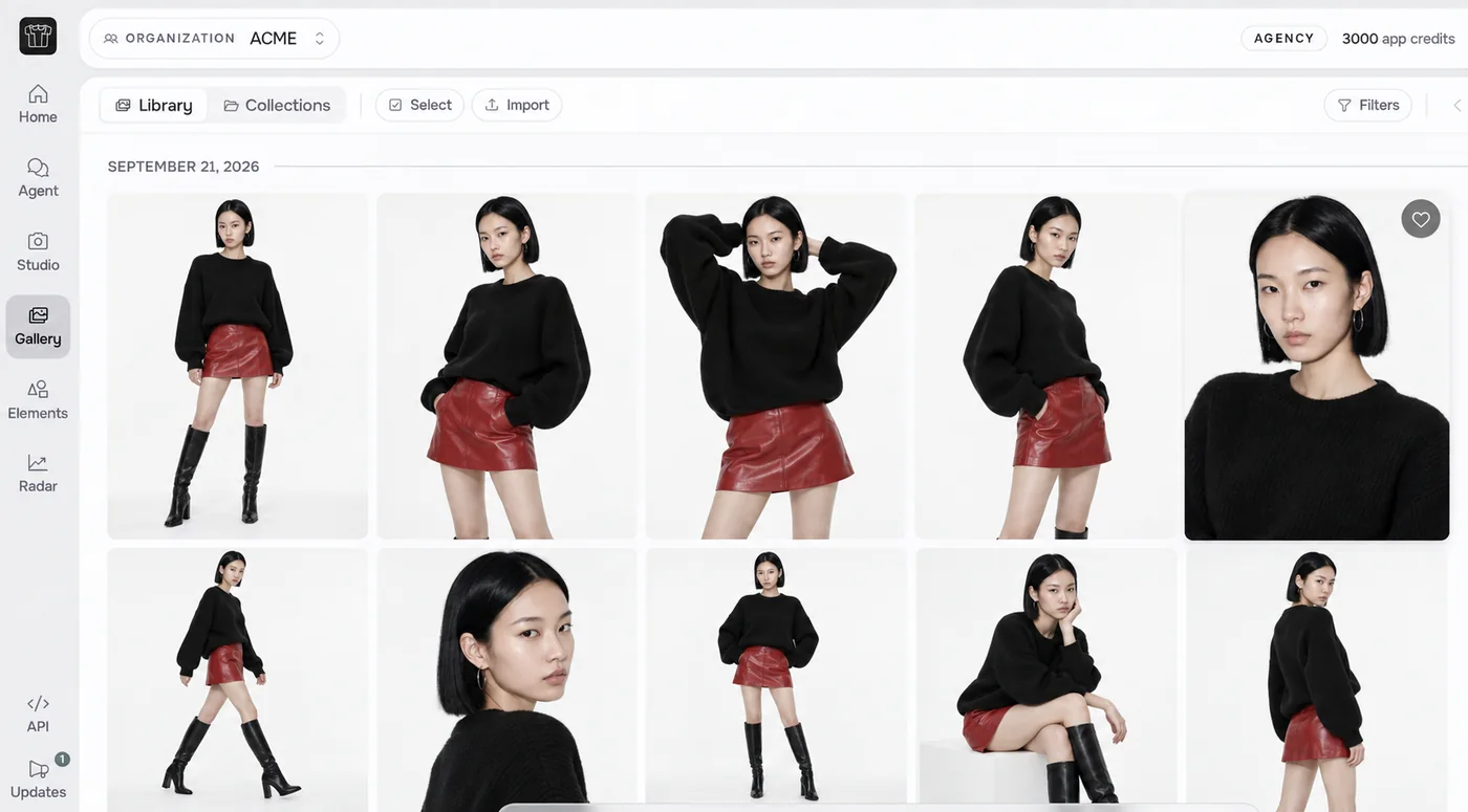 FASHN Gallery showing one model in a black sweater, red leather skirt, and black boots