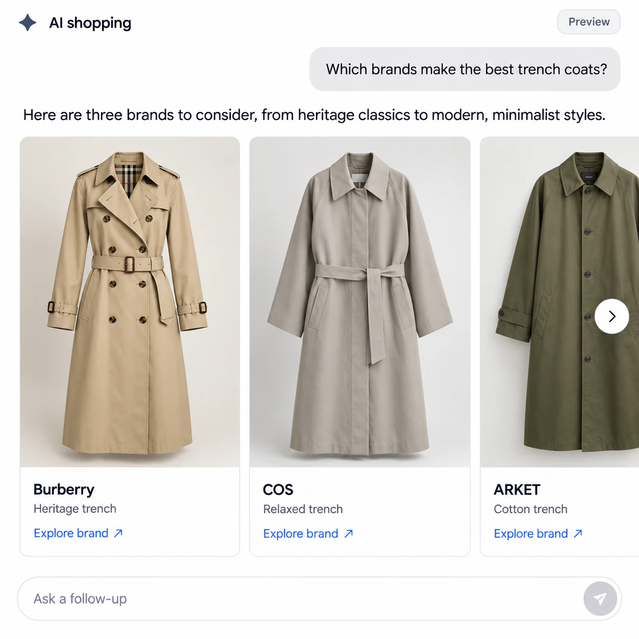 Illustrative AI shopping chat with trench coat recommendations from Burberry, COS, and ARKET.