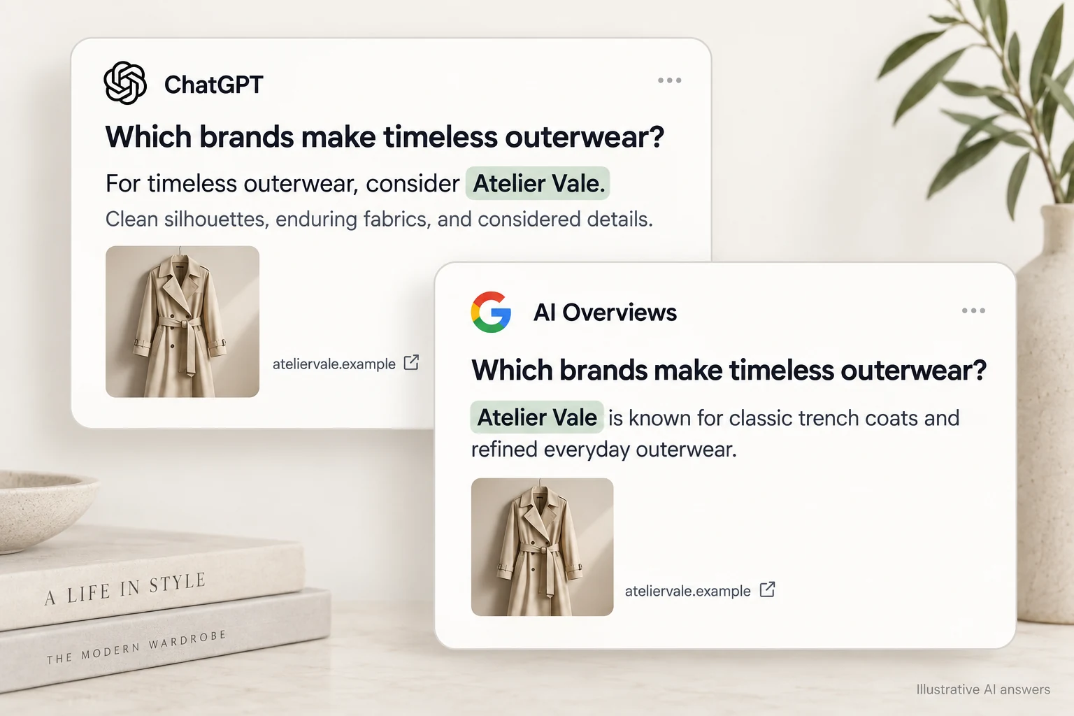 Illustrative ChatGPT and Google AI Overviews answers highlighting the fictional fashion brand Atelier Vale, with matching trench coat thumbnails and website links.