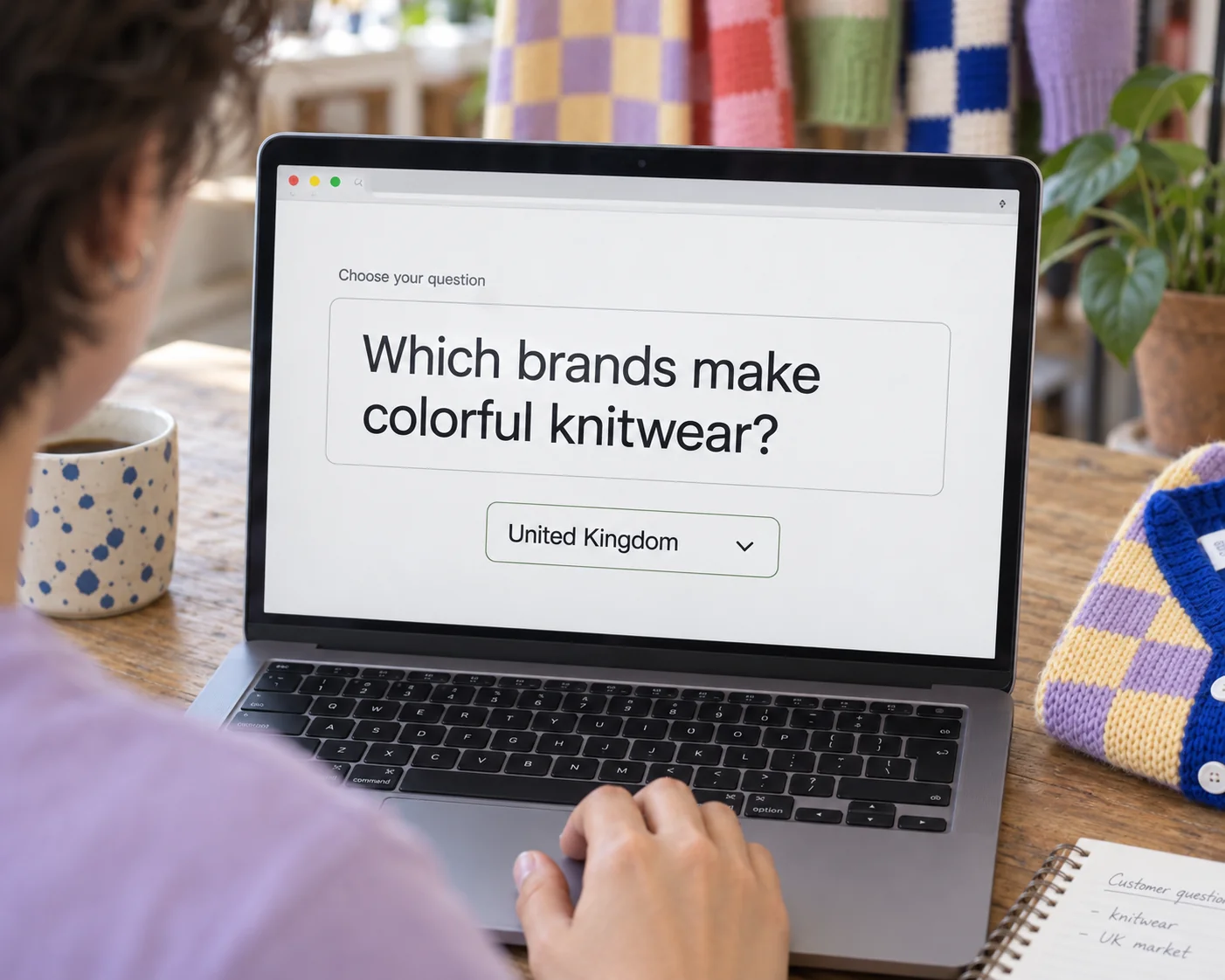 Over-the-shoulder view of a fashion founder choosing a colorful knitwear query and the United Kingdom market on a laptop.