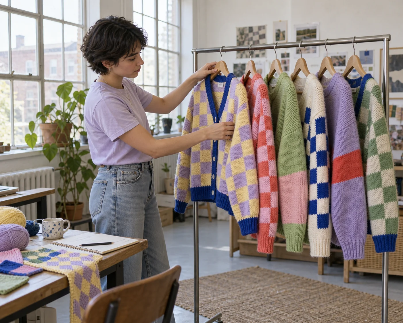 A young fashion founder arranging a colorful knitwear collection on a clothing rail in a bright studio.