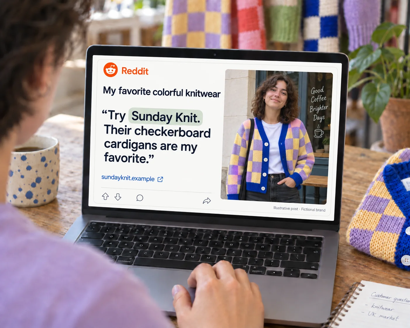A laptop displaying an illustrative Reddit recommendation for the fictional brand Sunday Knit, beside a photo of a person wearing its colorful checkerboard cardigan.